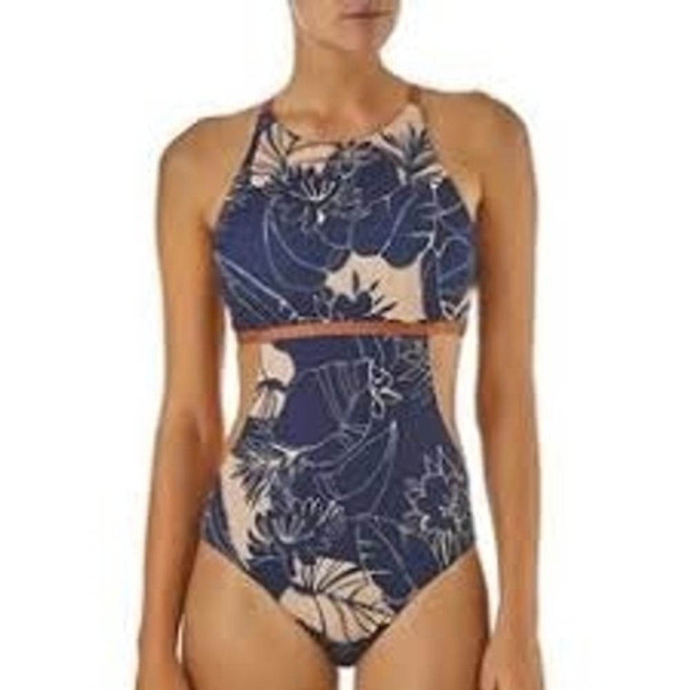 Patagonia Womens Nireta One Piece Swimsuit Navy Blue Floral Cutout High Neck M